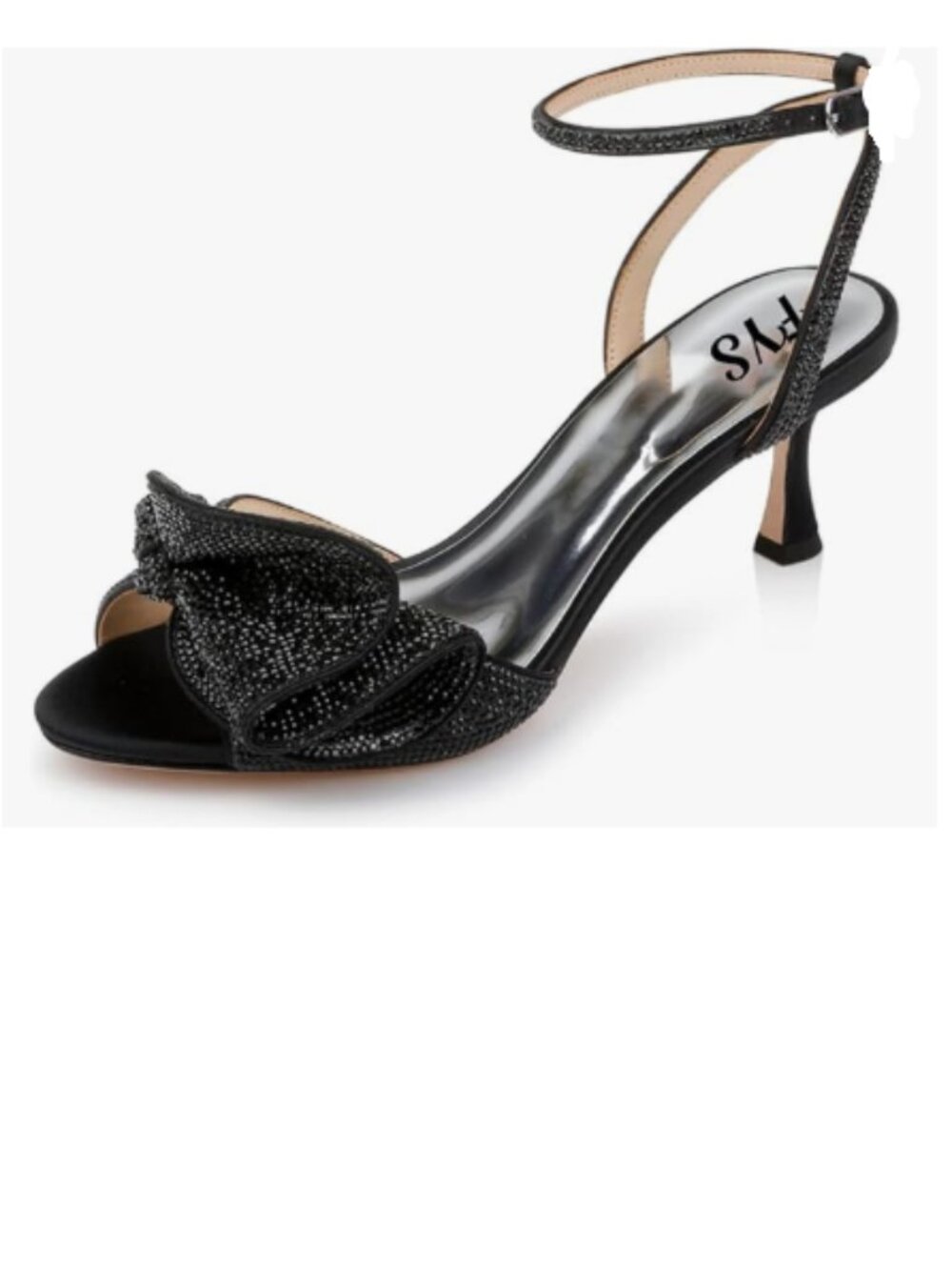 FYS Black Cute Rhinestones Bow Peep Toe Mid Heel Ankle Strap Sandals Satin Shoes